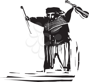 Woodcut expressionist style image of a gypsy man with a violin