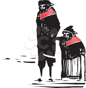 Woodcut expressionist style image of a man walking with his mother
