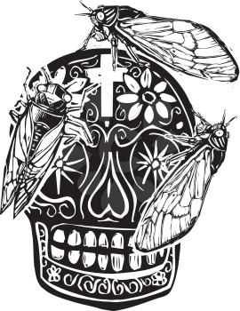 Woodcut expressionist style image of Brood X Cicadas crawling on a day of the dead sugar skull 