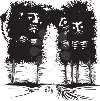 Woodcut expressionist style image of giant european trolls who have the shape of trees.  