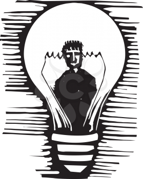 Woodcut expressionist style image of a man in a lightbulb