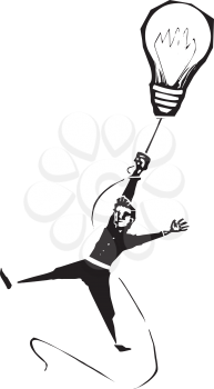Woodcut expressionist style image of a man hanging from a balloon in the shape of a lightbulb