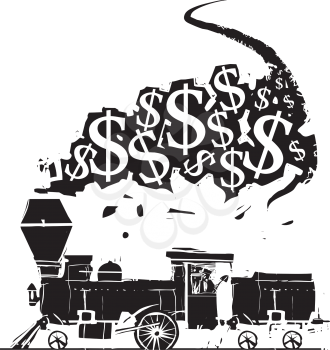 Woodcut expressionist style Steam Locomotive with dollar symbols coming from its stack