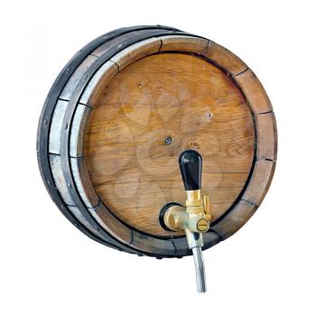 wooden barrel with a tap in the wall of isolated on white background