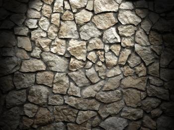 old grunge wall of rough stones as background, light effect