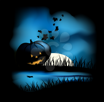 Halloween background with pond, moon maple leaves and a pumpkin