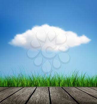 Design Background With Wooden Floor, Grass And Cloud On A Blue Sky 