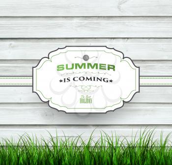 Vintage Wooden Summer Background With Grass And Title Inscription