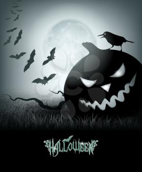 Halloween Background With Field, Moon, Grass, Bats, Crow, Pumpkin And Title Inscription