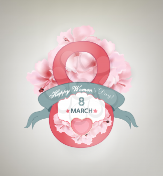 Happy Women's Day Background With Flowers, Ribbon, Title Inscription And Hearts
