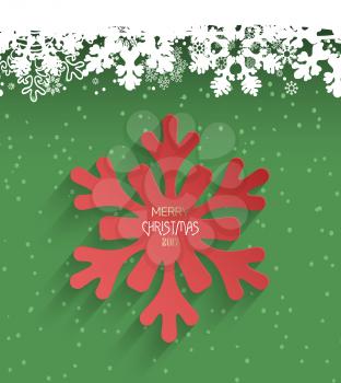 Holiday Christmas And New Year Winter Green Background With 3D Red Snowflake And Snow