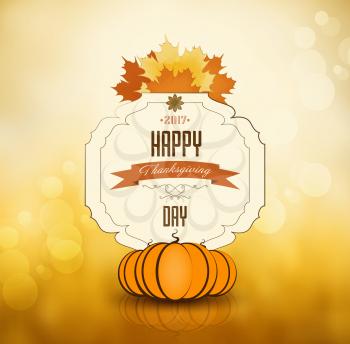 Thanksgiving Day Orange Background With Maple Leafs, Ripe Pumpkin And Text