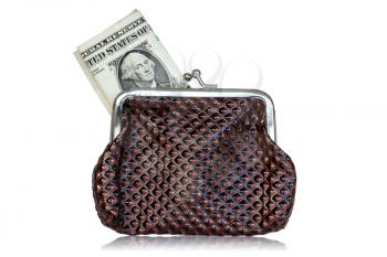 Money in brown leather purse, isolated on white background 