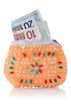 decorated wallet with euro currency over a white background
