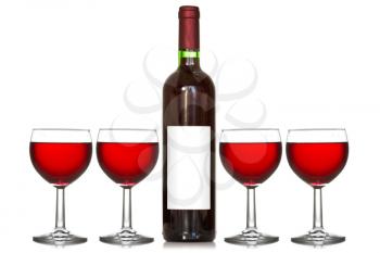 Four wineglass and wine bottle on a white background