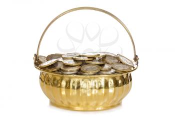 Golden pot full of coins. Isolated on white background