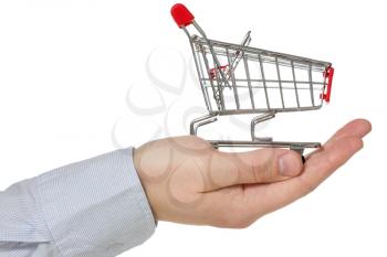 Hand holding shopping cart. Isolated  on white background
