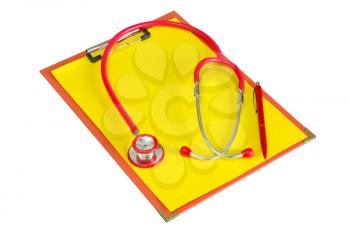 Medical clipboard with  stethoscope. Isolated on white background