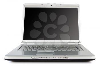 silver laptop  with black screen over a white background