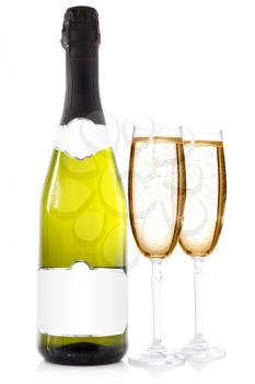 Bottle of champagne with two glasses over a white background