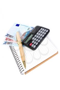 Calculator, money, and  notebook with a pen