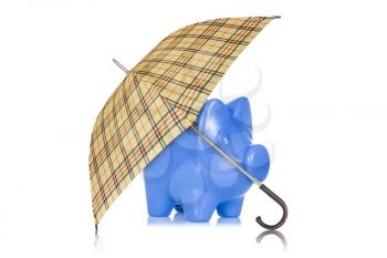 Financial protection. Piggy bank with umbrella on white background