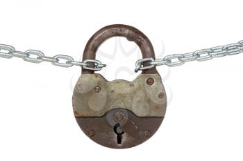 Old padlock and chain isolated on white background