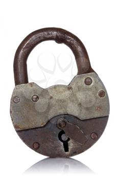 Old rusty padlock with reflection on white background