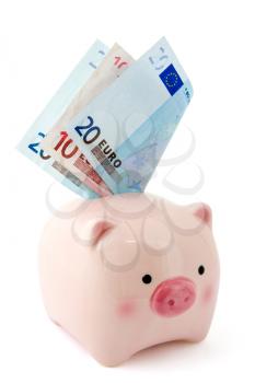 Piggy bank with Euro bills,  isolated on white background