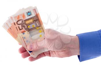 Stack of fifty euro banknotes in businessman hand, isolated on white