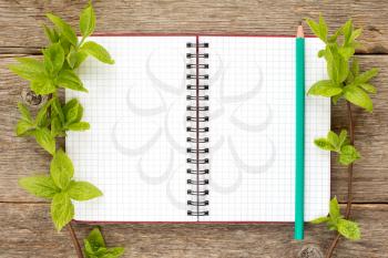 Tree branches and blank notebook with pencil. Copy-space.