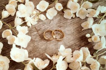 Wedding rings in a middle of white summer flowers