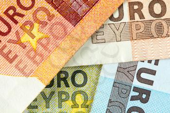 Close Up of new banknotes of ten,fifty,twenty and five euros