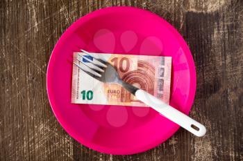 Price of food concept with plate,ten euro and fork