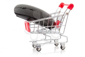 Wireless computer mouse placed in a miniature-shopping cart