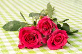 Bouquet of red roses on table with checkered tablecloth