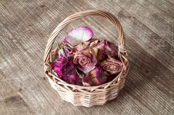Buds of dry roses in wicker basket on wooden background