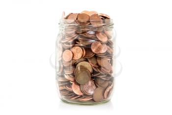 Savings money jar full of coins, isolated on white background