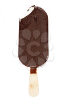 Bitten ice cream covered with chocolate, isolated on white background 
