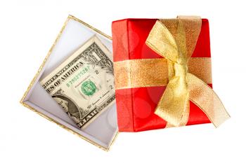 One dollar inside the gift box ,isolated on white background
