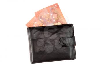 Money in black leather wallet, isolated on white background