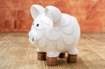 Piggy bank  on coins stacks. Concept for property ladder, mortgage,money saving or retirement.