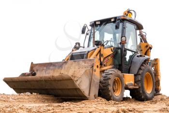 Wheel loader excavator works in construction site quarry.Copy-space.