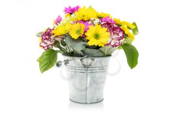 Bouquet from various flowers in a metal bucket,isolated on white background