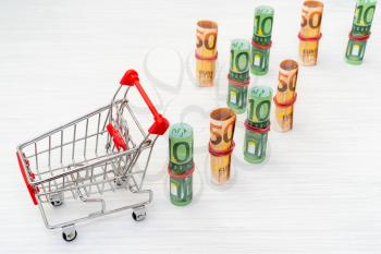 Shopping cart and Euro banknote rolls,top view