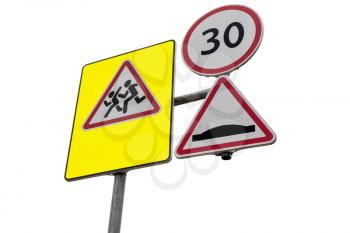 School crossing roadside warning and speed limit  signs. Isolated on white.
