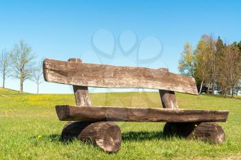 The empty wood bench in the park during spring season