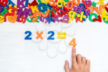 Man's hand doing simple multiplication with colorful numbers