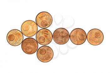 Arrow made of coins isolated on white background