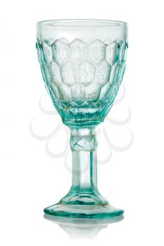 Blue wine glass with crystal pattern. Isolated on white background